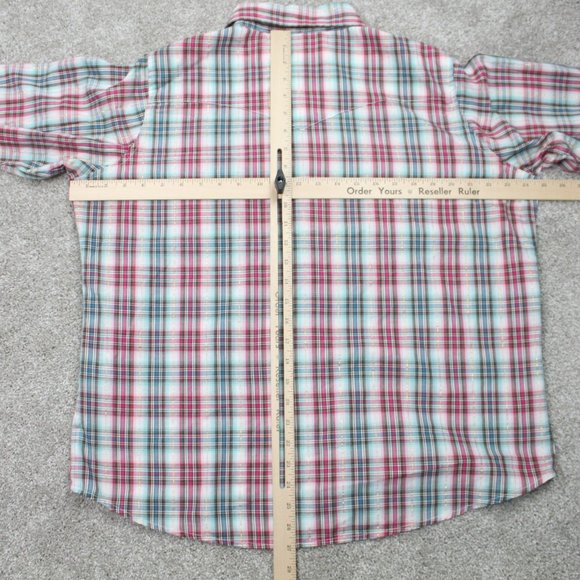 Wrancher Wrangler Pearl Snap Shirt Mens 2XL XXL  Pink/Blue w/Gold Metallic Strip - Picture 9 of 11